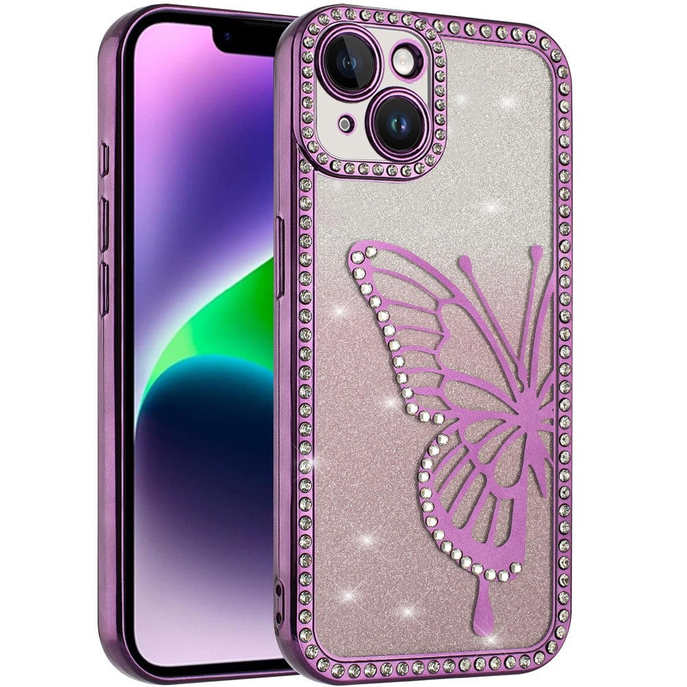 For Apple iPhone 14 /13 Butterfly Glitter Diamond Shimmer Hybrid Slim & Stylish Electroplated Sparkly Bling Shockproof TPU Protective Case Cover