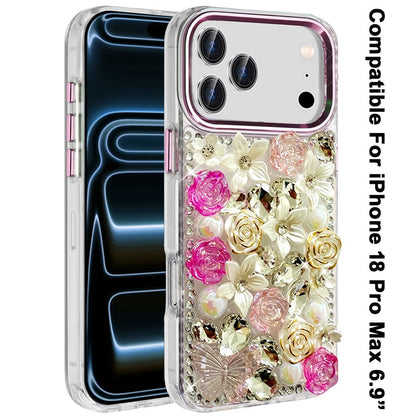 Phone Case for Apple iPhone 18 Pro Max Luxury Rose Bling Rhinestone Glitter Floral Hybrid Shockproof Stylish Protective Designer Ornament Sparkle Cover