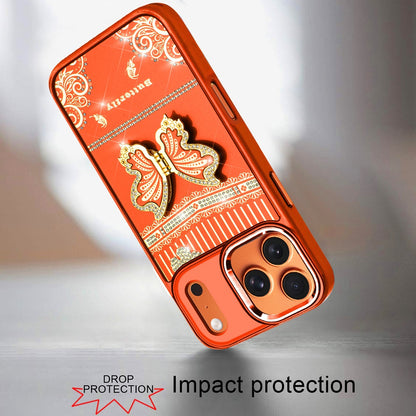 Phone Case for Apple iPhone 17 Pro Max (6.9") Glitter Bling Butterfly Stand Metallic Edge Hybrid Shockproof Grip Durable Camera Protection Stylish Design Cover