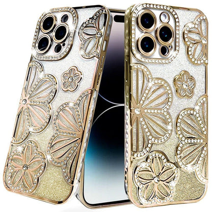 For Apple iPhone 15 Pro Max Luxury Floral Design Sparkle Glitter Diamond Crystal Rhinestone Shimmer Bling Plating Thick TPU Hard PC Case Cover