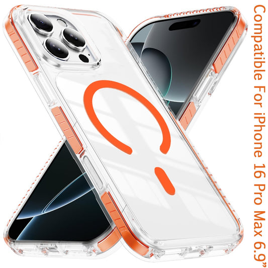 For iPhone 16 Pro Max (6.9") Magnetic Thick Transparent Colored Edge Hybrid Drop Protection Shockproof Design Protector Cosmic Orange