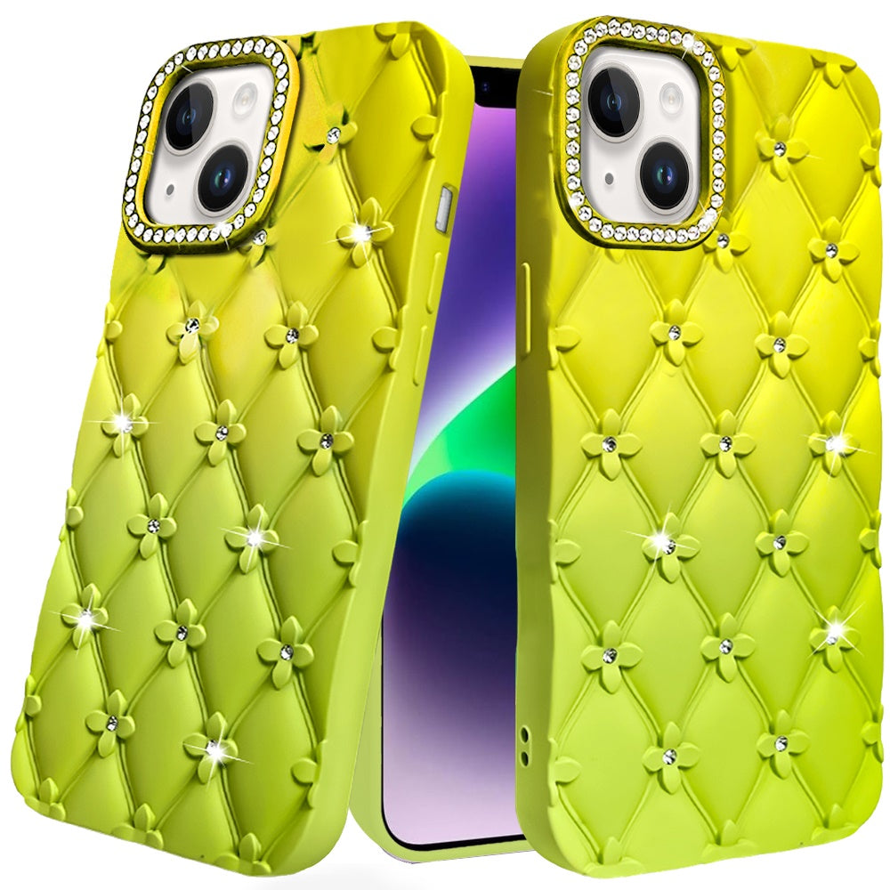 For iPhone 14/13 (6.1") Fashion Flower Design Sparkle Glitter Shimmer Rhinestone Bling Floral Accents, Leather Texture TPU Case Cover Light Green/Teal