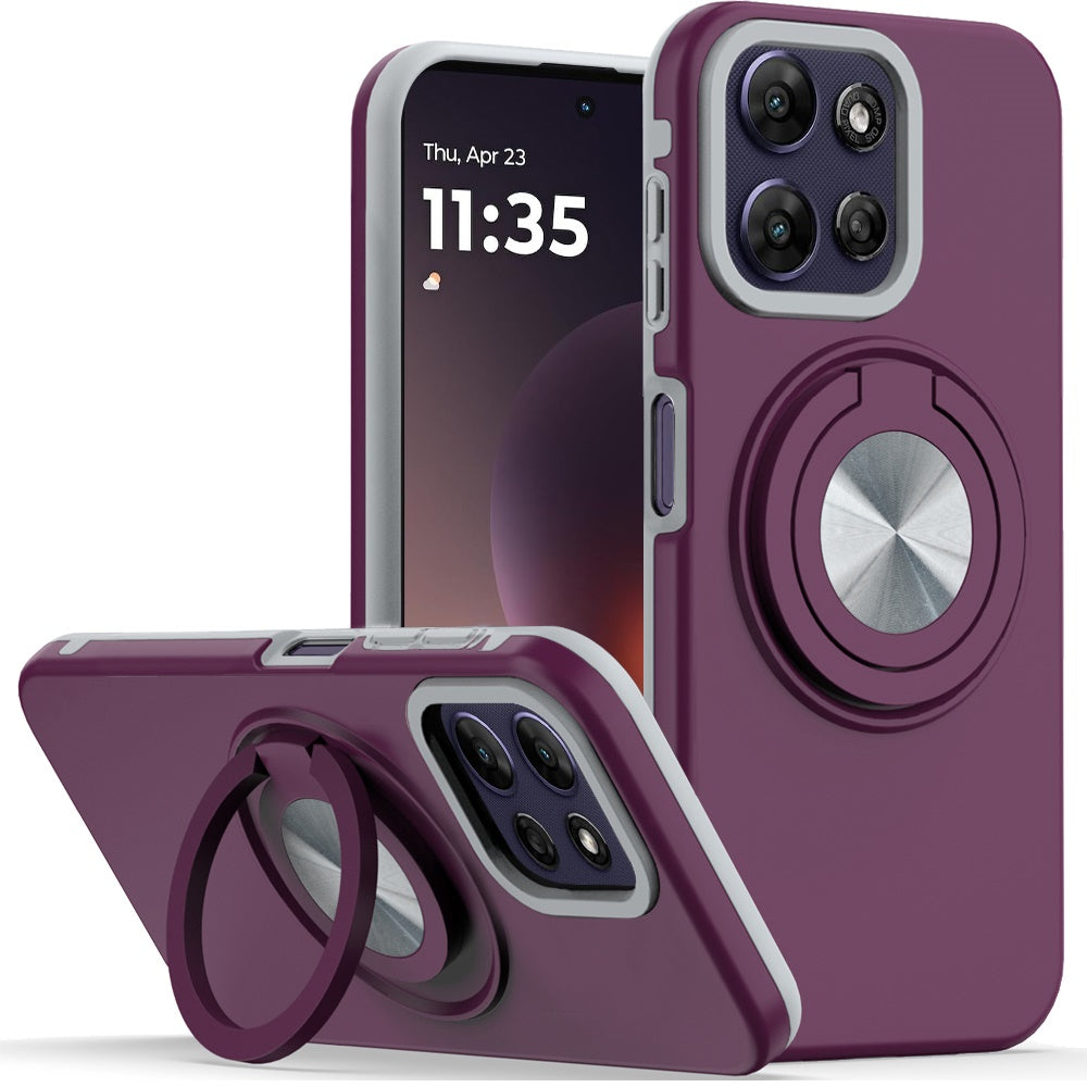 Phone Case for Moto G Power 5G (2026, 2025) Shockproof Magnetic Ring Stand Rotating CarMount Hybrid Metal Matte Finish AntiSlip Grip Kickstand Cover Purple