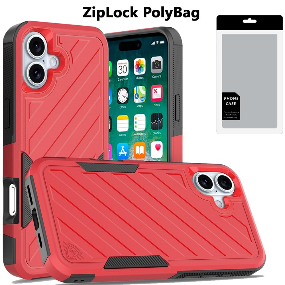 For Apple iPhone 16 Plus Hybrid lined shockproof dual layer Rugged 2in1 Hard PC & Silicone TPU Non Slip Textured Tough Armor Case Cover Red+Black