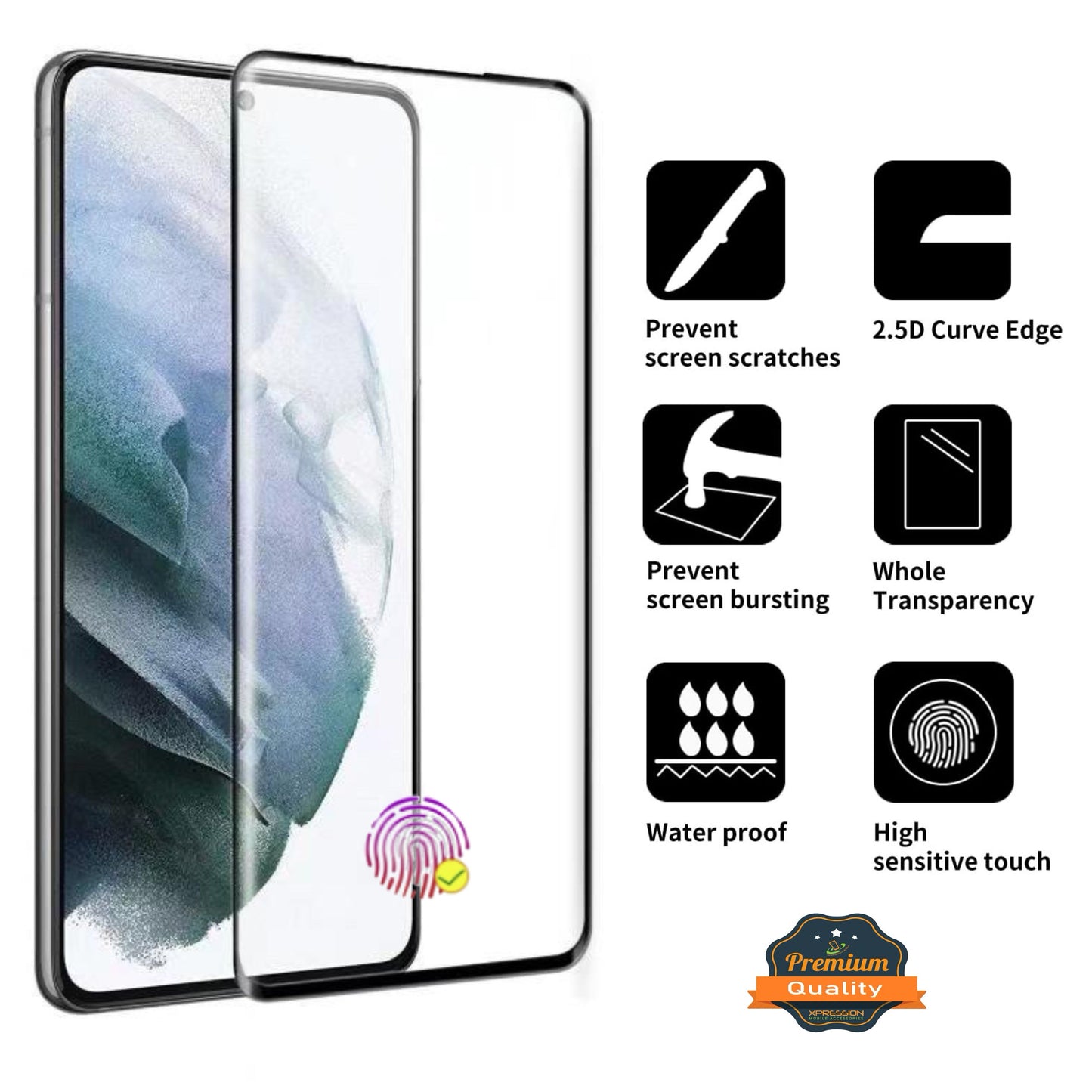 For Samsung Galaxy S21 Tempered Glass Screen Protector Supports Fingerprint Recognition, Case-Friendly, HD Clarity Protector Clear Black