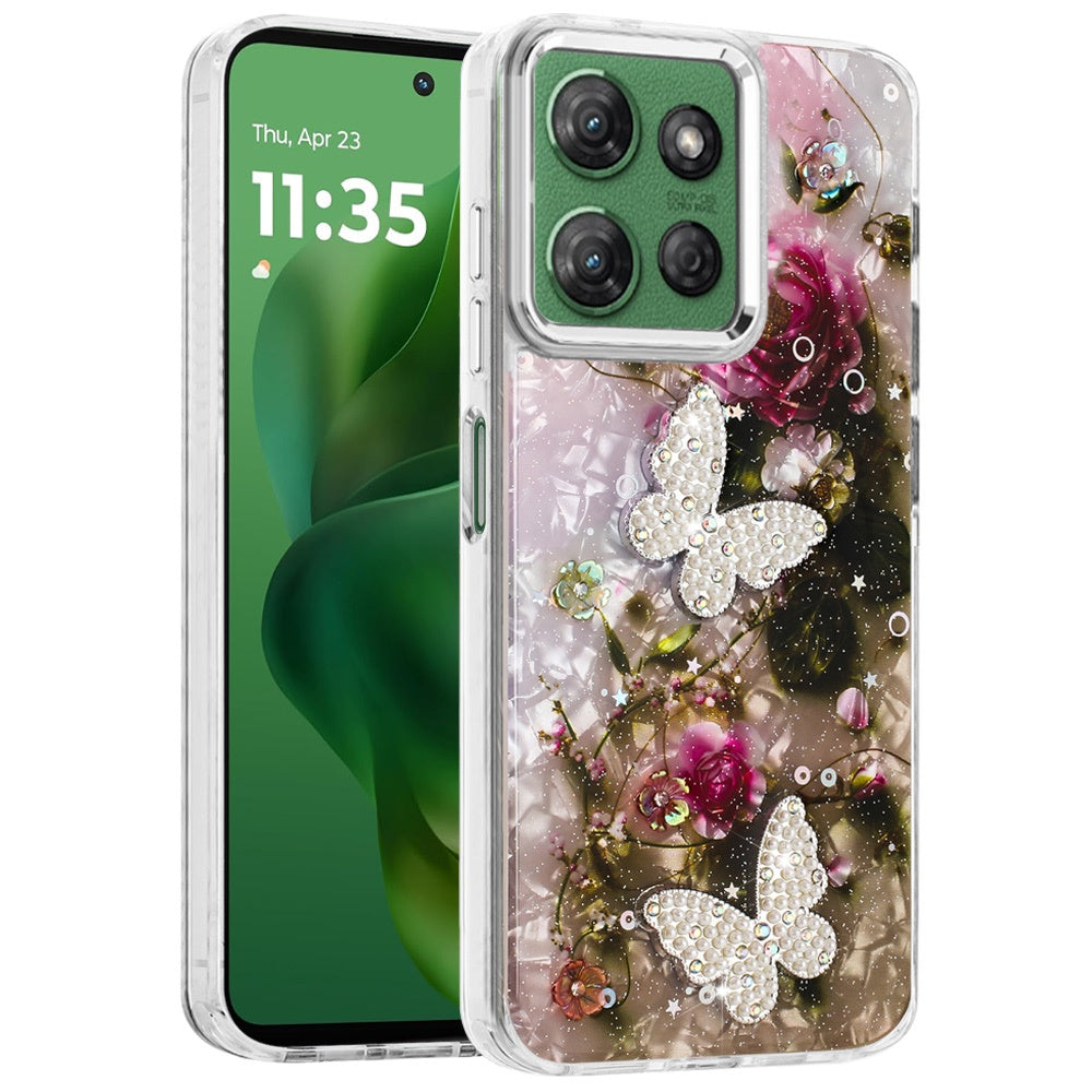 For Motorola Moto G 5G 2025 Epoxy Glitter Flowers Bling 3D Butterfly Fashion TPU Hybrid with Shockproof Protection Case Cover