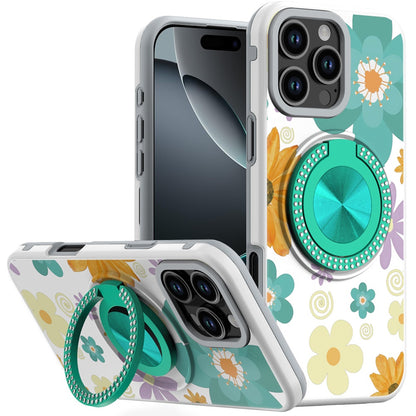 For iPhone 16 Pro Max (6.9") Pattern Design Hybrid with Invisible Ring Stand & Magnetic Back, Shockproof Protective Grip Case Cover
