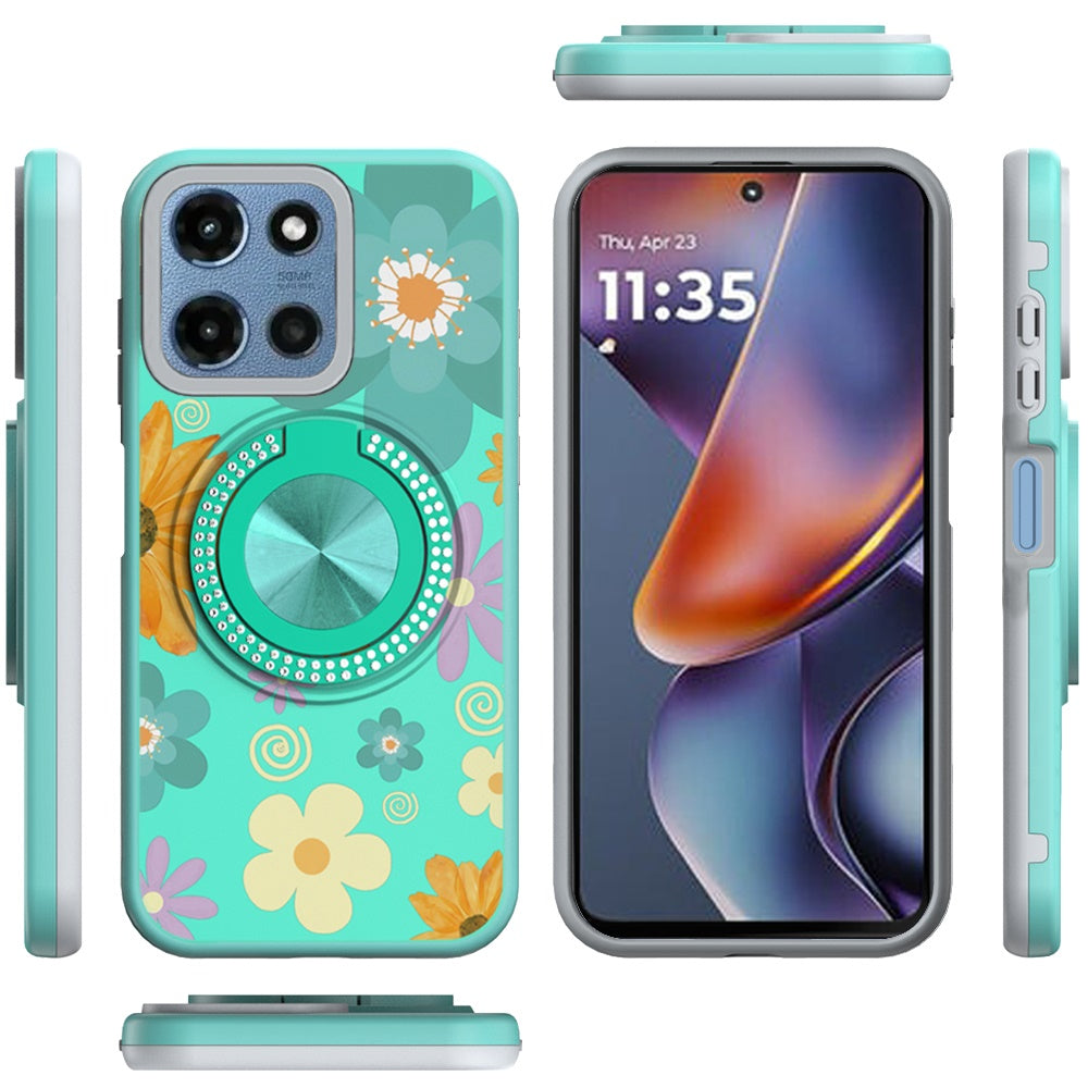 For Motorola Moto G 5G 2026/2025 Pattern Design Hybrid with Invisible Ring Stand & Magnetic Back, Shockproof Protective Grip Case Cover
