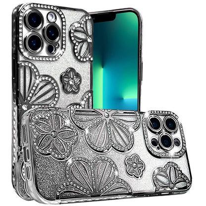 For Apple iPhone 13 Pro Max Luxury Flower Design Sparkle Glitter Diamond Rhinestone Shimmer Bling Plating Thick TPU Hard PC Case Cover