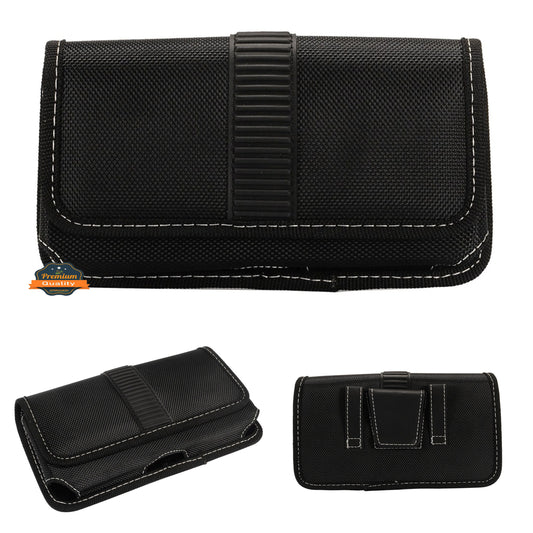 For Apple iPhone 16 Pro (6.3") Rugged Canvas Cellphone Belt Clip Cover Holster Pouch Holder with Belt Loops Universal Horizontal Carrying Case [Black]