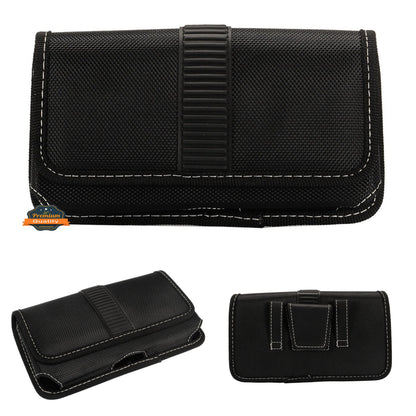 For Apple iPhone 16 Plus (6.7") Rugged Canvas Cellphone Belt Clip Cover Holster Pouch Holder with Belt Loops Universal Horizontal Carrying Case [Black]
