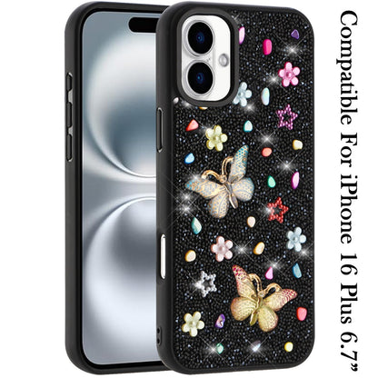 Phone Case for Apple iPhone 16 Plus 3D Butterfly Diamond Bling Glitter Shockproof Stylish Protective Luxury Hybrid Sparkly Durable Grip Design Cover