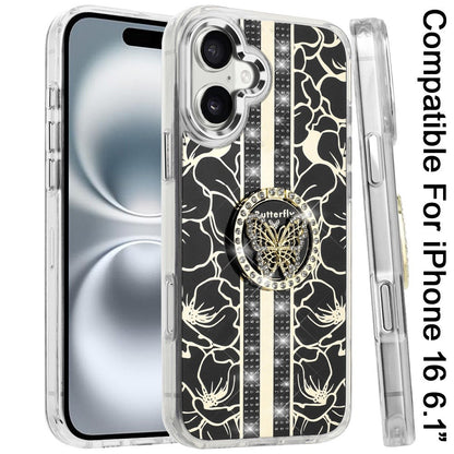 For iPhone 16 (6.1") Diamonds 3D Butterfly Floral Design Bling Sparkly Glitter Hybrid Metal Fashion with Ring Stand Case Cover