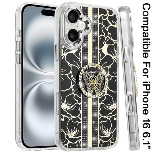 For iPhone 16 (6.1") Diamonds 3D Butterfly Floral Design Bling Sparkly Glitter Hybrid Metal Fashion with Ring Stand Case Cover