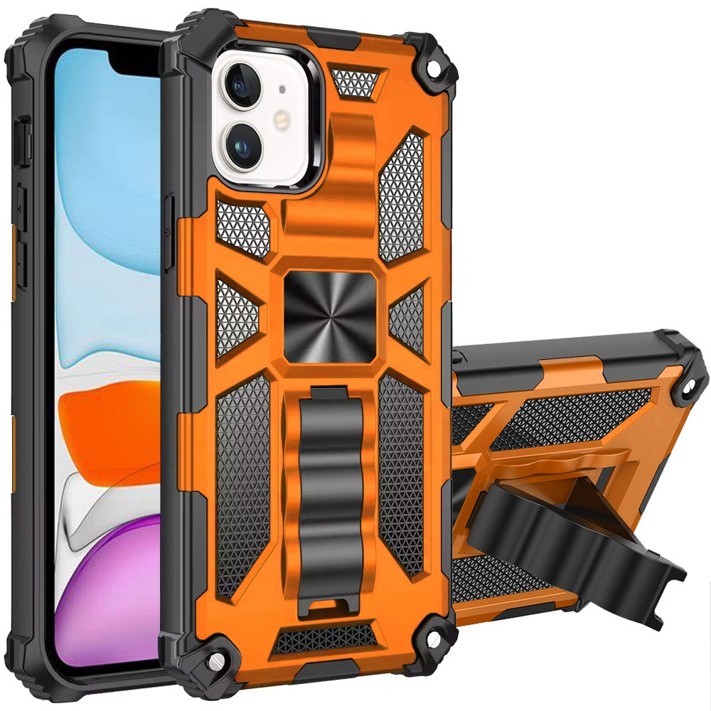 For Apple iPhone 11 Hybrid Shockproof [Military Grade] Rugged Protective with Magnetic Car Mount & Invisible Stand Case Cover Cosmic Orange