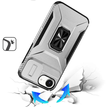 For Apple iPhone 16e Case, Camera Cover with Magnetic Rotation Ring Stand, Military Grade Hybrid Hard TPU Shockproof Case Cover Silver