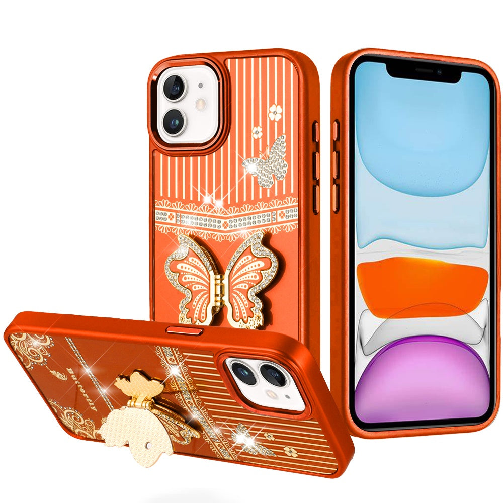 For Apple iPhone 11 Glitter 3D Butterfly Design Bling Metallic Edge Hybrid Stand Drop Protection TPU Shockproof Case Cover Cosmic Orange