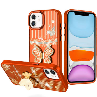 For Apple iPhone 11 Glitter 3D Butterfly Design Bling Metallic Edge Hybrid Stand Drop Protection TPU Shockproof Case Cover Cosmic Orange