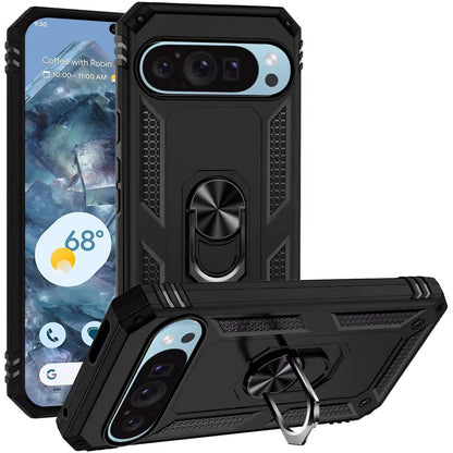 Phone Case for Google Pixel 9 Pro XL Rotatable Ring Stand Shockproof Hybrid Armor Anti Slip Heavy Duty Fit Magnetic Car Mount Durable Grip Cover Black