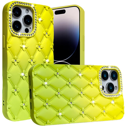 For Apple iPhone 16 Pro Max (6.9") Fashion Flower Design Sparkle Glitter Shimmer Rhinestone Bling Leather Feel Thick TPU Rubber Hard PC Case Cover