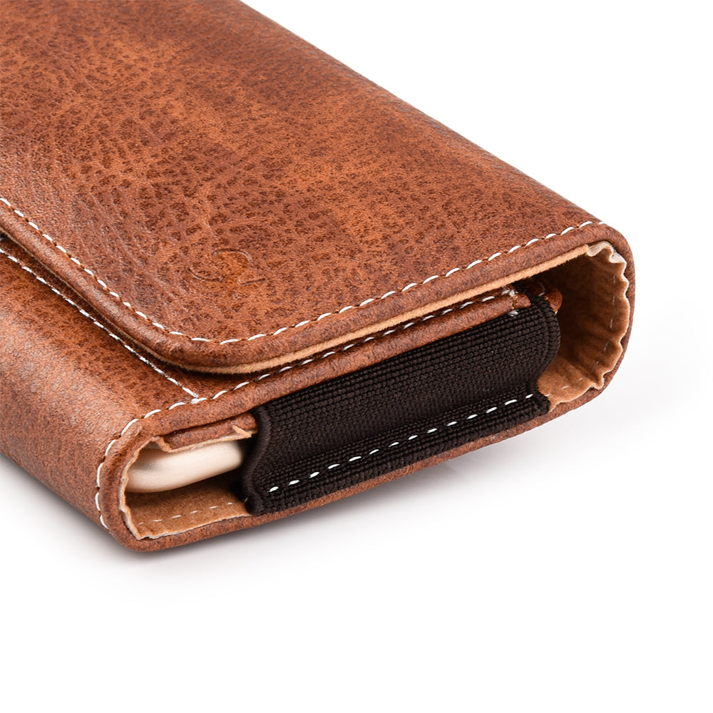 For Apple iPhone 16 Pro (6.3") Universal Horizontal Cell Phone Leather Pouch Holster Carrying Case with Credit Card Slots & Belt Clip Loop Cover [Brown]