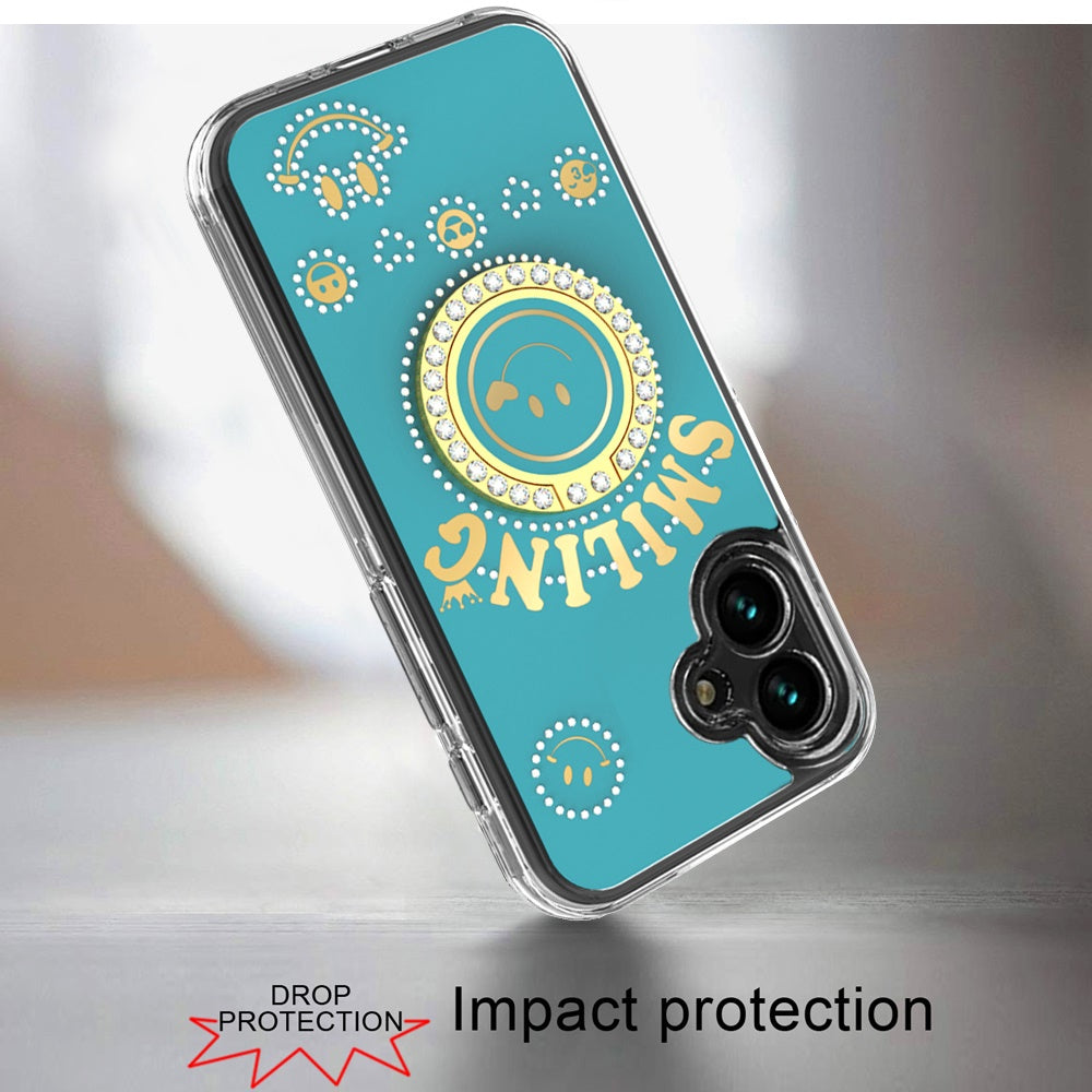 For iPhone 16 (6.1") Smiling Glitter Bling Ornament Hybrid Shockproof Stylish Sparkle Design Secure Grip Durable Protection Case Cover Blue