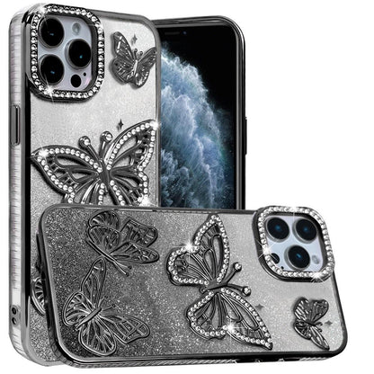 For Apple iPhone 11 Pro Max Luxury Butterfly Sparkle Glitter Diamond Crystal Rhinestone Shimmer Bling Plating Thick TPU Hard PC Case Cover