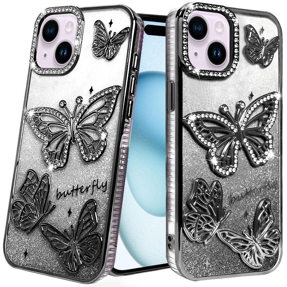 Phone Case for Apple iPhone 15 Plus Butterfly Freedom Shimmer Glitter Thick TPU Shockproof Anti Slip Durable Protective Design Cover