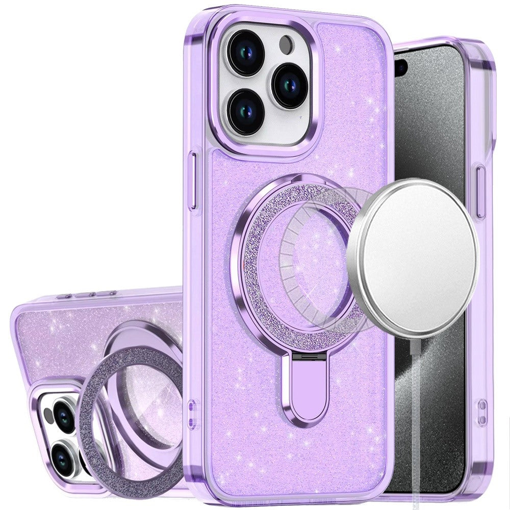 For Apple iPhone 13 Pro Transparent Glitter Bling Case with Rotating Magnetic Ring Stand, Shockproof Hybrid Case Cover