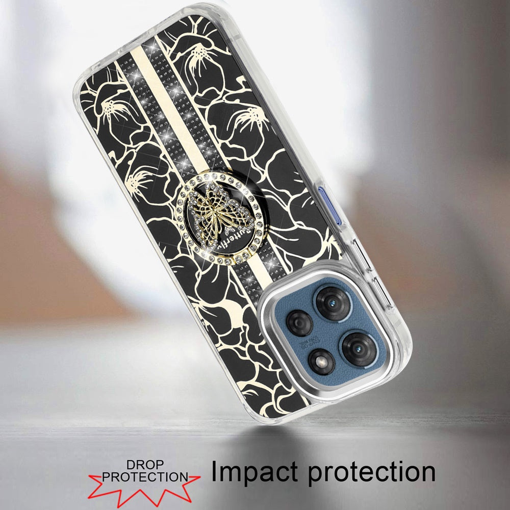 Phone Case for Motorola Moto G 5G 2026/ Moto G 5G 2025 Floral Butterfly Ring Stand Glitter Bling Shockproof Hybrid Luxury Fashion Protective Anti Slip Durable Grip Cover Black