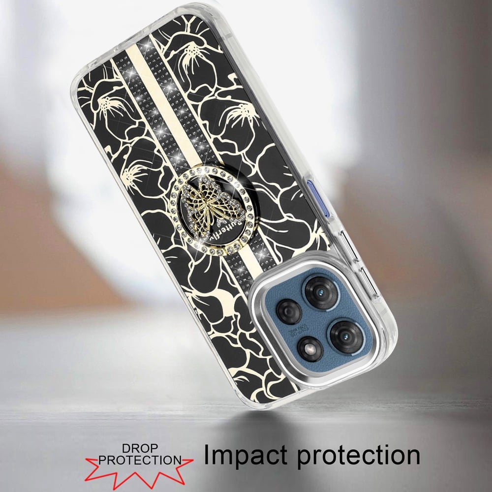Phone Case for Motorola Moto G Play 5G 2026 Floral Butterfly Ring Stand Glitter Bling Shockproof Hybrid Luxury Fashion Protective Anti Slip Durable Grip Cover Black