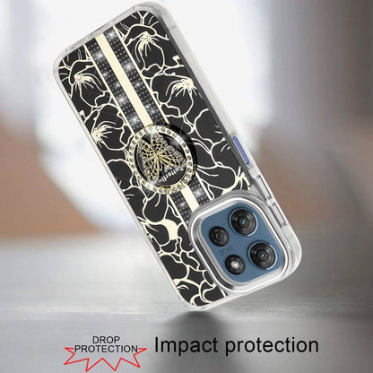 Phone Case for Motorola Moto G Play 5G 2026 Floral Butterfly Ring Stand Glitter Bling Shockproof Hybrid Luxury Fashion Protective Anti Slip Durable Grip Cover Black