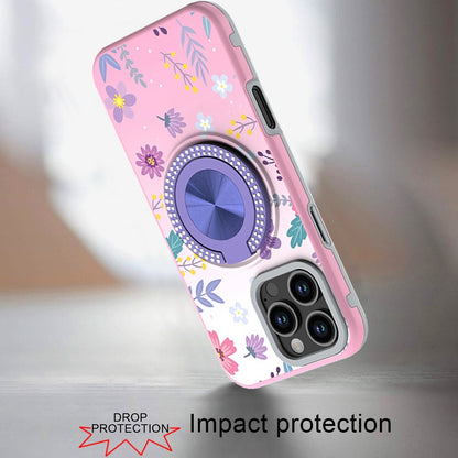 For iPhone 16 Pro Max (6.9") Pattern Design Hybrid with Invisible Ring Stand & Magnetic Back, Shockproof Protective Grip Case Cover
