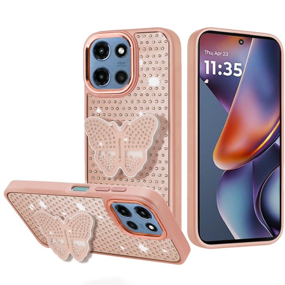 Phone Case for Motorola Moto G 5G 2026 / 2025 Butterfly Grip Pop Stand Diamond Sparkle Hybrid Shockproof Metal Button Slim Protective Grip Decorative Design Cover Rose Gold