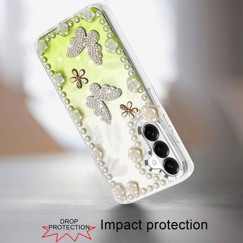 For Samsung Galaxy S26 Bling Fashion Design with 3D Pearls Epoxy Glitter Ornaments Chrome Edge Hard Slim PC Case Cover
