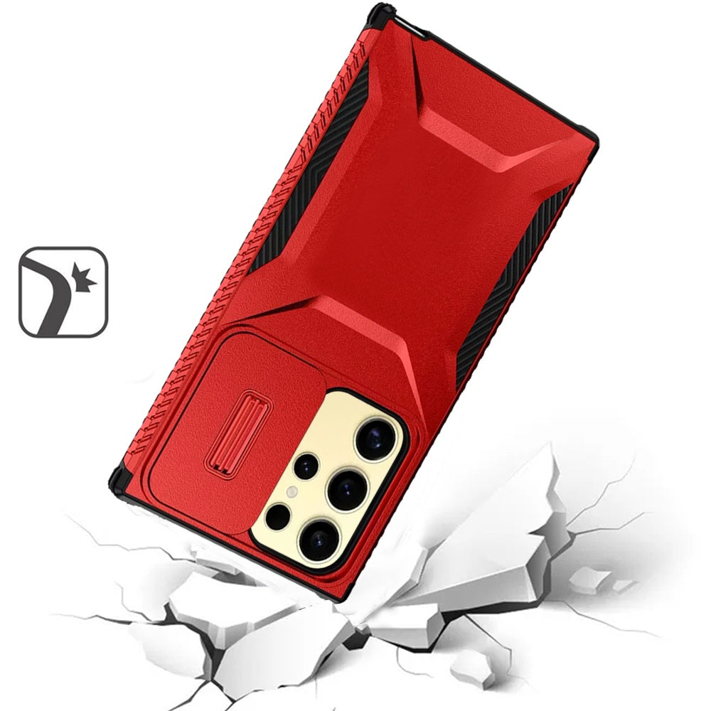 For Samsung Galaxy S23 Ultra Slim Fit Shockproof Hybrid with Slide Camera Window Covering, Rugged Tpu Silicone Hard PC Bumper Case Cover Red