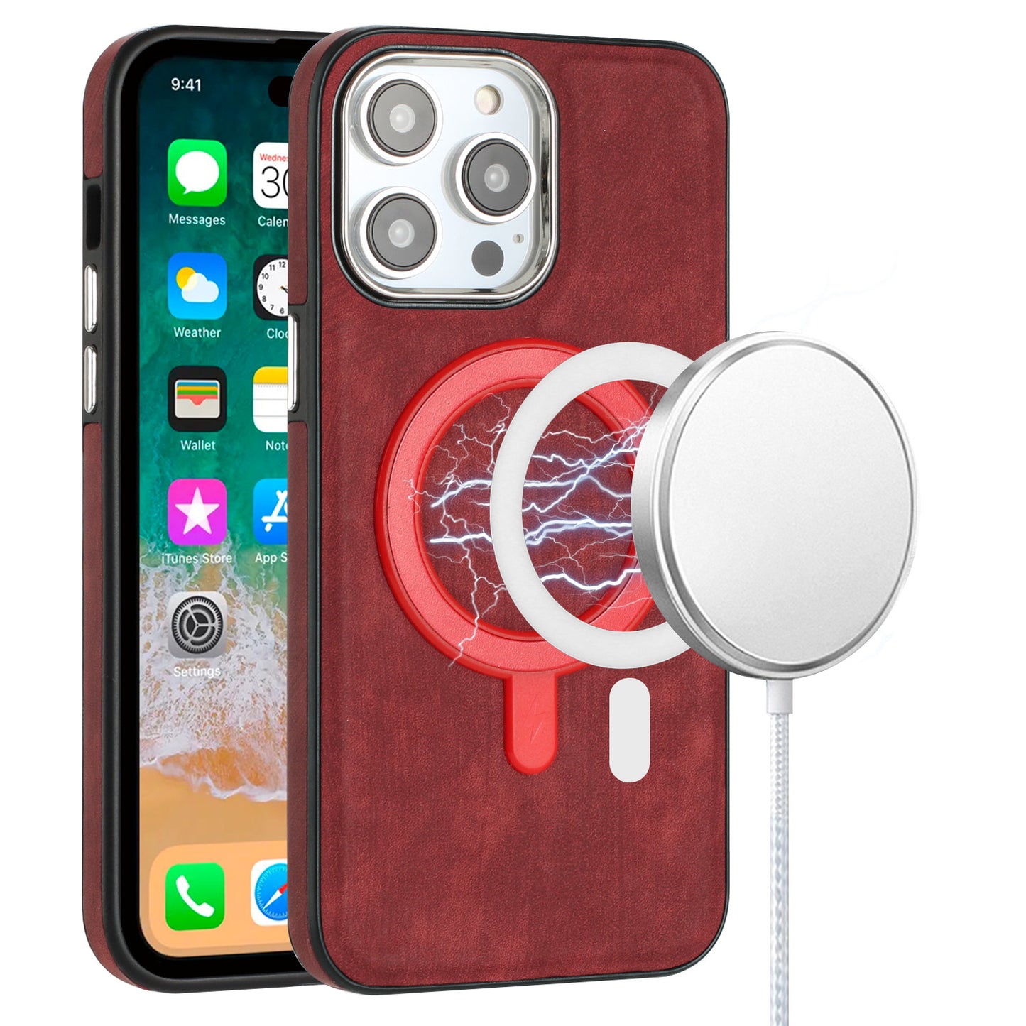 For Apple iPhone 11 Pro Max Fashion PU Vegan Leather Chrome Edge Hybrid, MagSafe Compatible, Durable TPU Hard PC Case Cover Red