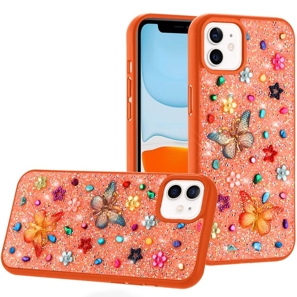 Phone Case for Apple iPhone 11 3D Butterfly Diamond Bling Glitter Shockproof Stylish Protective Luxury Hybrid Sparkly Durable Grip Design Cover Cosmic Orange