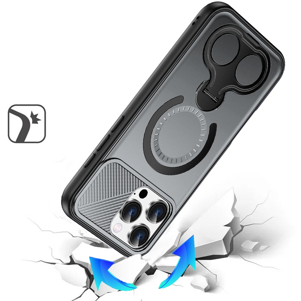 For iPhone 16 Pro Max (6.9") Hybrid with Invisible 2 Hole Ring Stand Magnetic back Car Mount Friendly Protector Protector