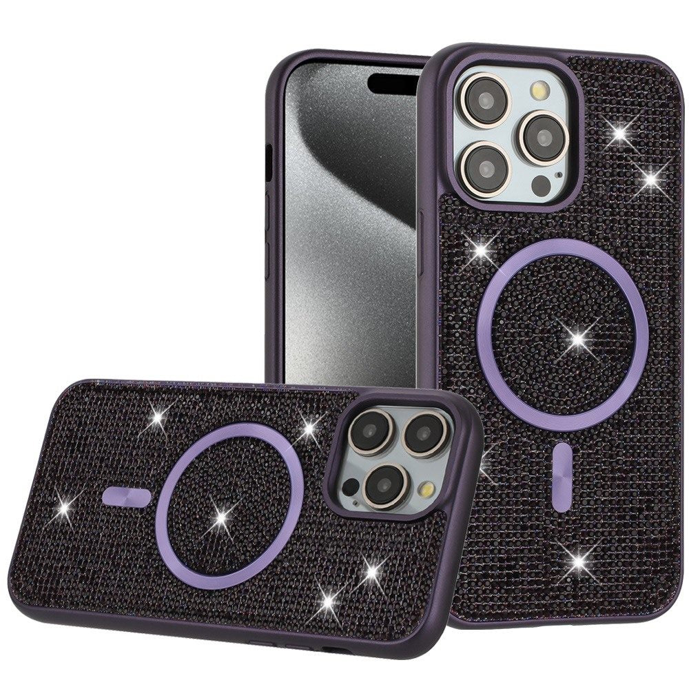 Phone Case for Apple iPhone 15 Pro Max Magnetic Bling Diamond Sparkle Hybrid Shockproof Rugged Grip Durable Protection Anti-Slip Armor Design Cover Purple