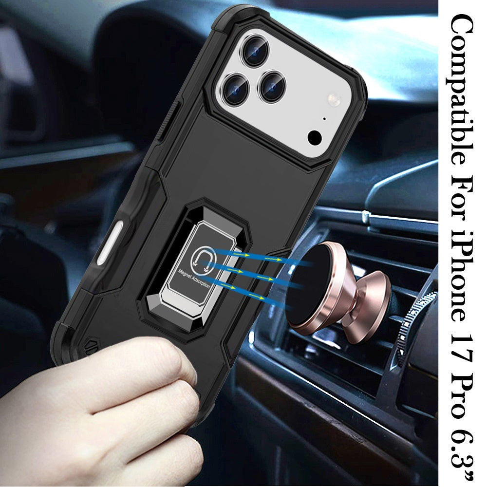 For Apple iPhone 17 Pro (6.3") Hybrid Stand Magnetic Ring Holder Kickstand Heavy Duty Rugged Drop Silicone & Hard PC Shockproof Case Cover