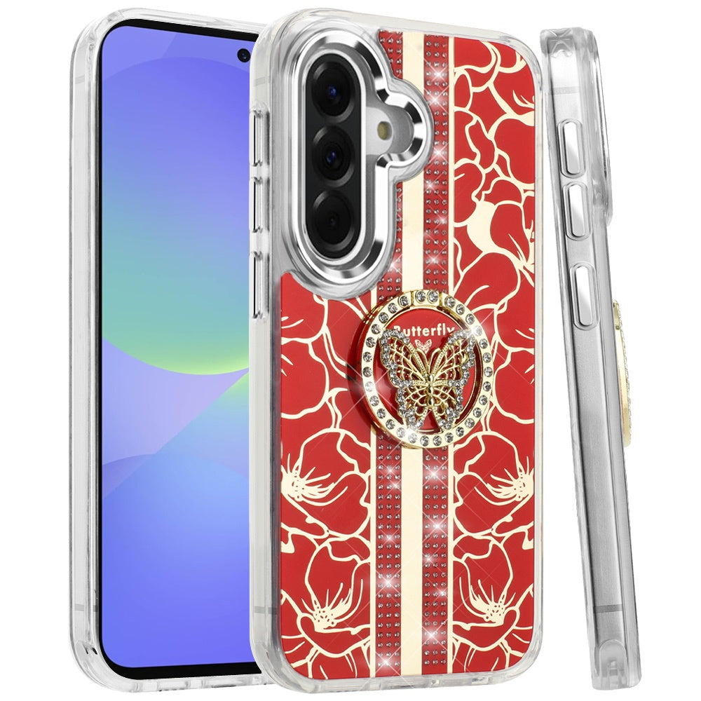 For Samsung Galaxy A37 Diamonds 3D Butterfly Floral Design Bling Sparkly Glitter Hybrid Metal Fashion with Ring Stand Case Cover