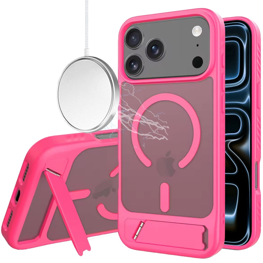 Phone Case for Apple iPhone 17 Pro Max (6.9") Matte Magnetic Metal Kickstand Shockproof Grip Anti Slip Durable Protective Heavy Duty Hybrid Cover Hotpink