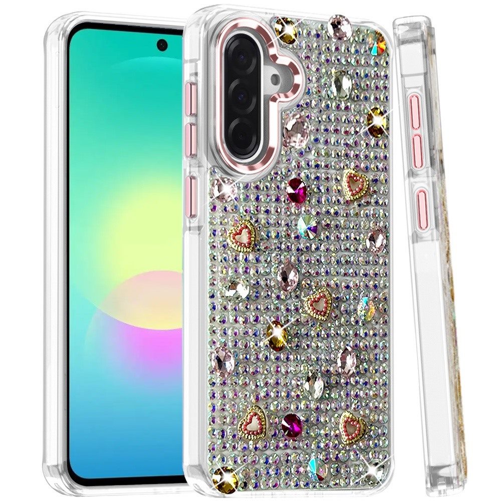 Phone Case for Samsung Galaxy A27 Chrome Fashion Hybrid Bling Diamond Heart Rhinestone Decorative Stones Sparkling Embellished Design Cover