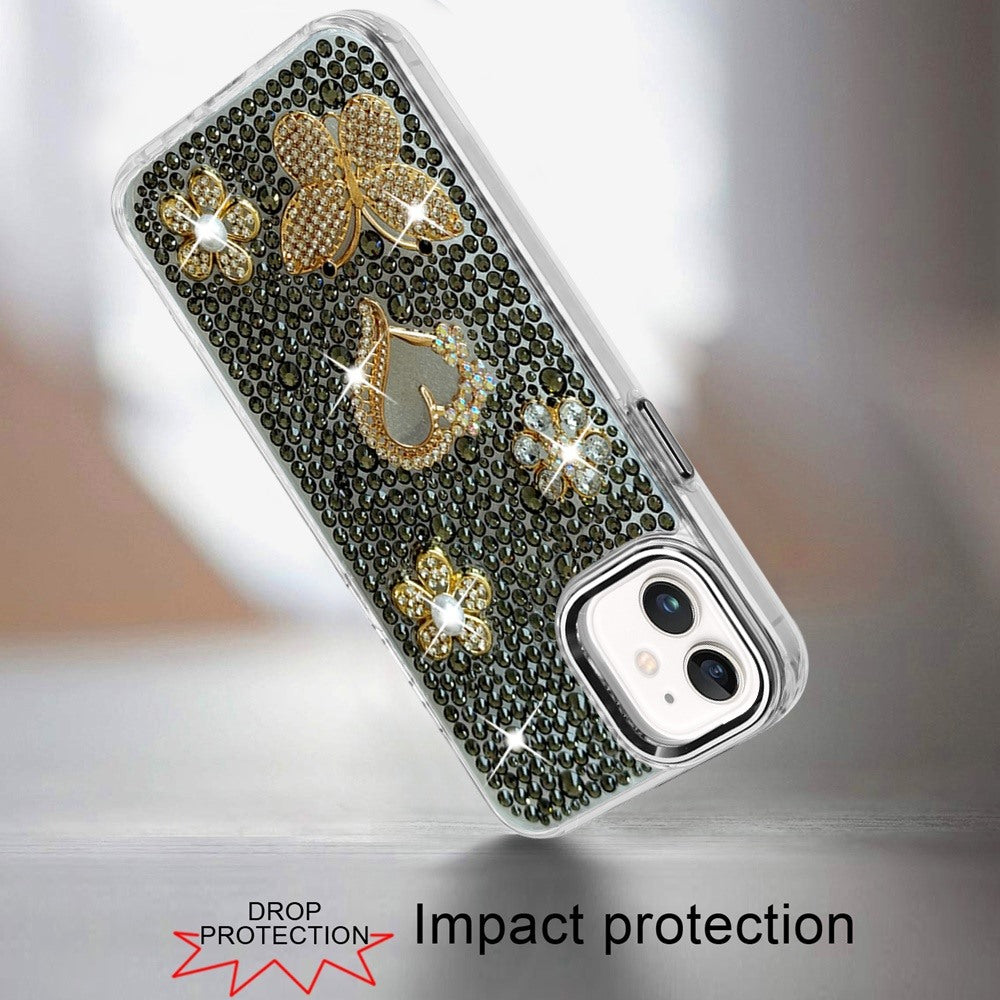 Phone Case for Apple iPhone 12 /12 Pro Luxury Crystal Butterfly Floral Jeweled Heart Full Diamond Design, Sparkling Decorative Details, Elegant Style Cover