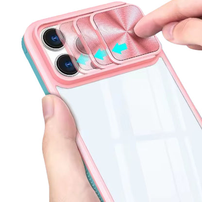 For iPhone 16 Pro Max (6.9") Hybrid Cases with Sliding Camera Cover Transparent Shockproof Bumper TPU Protective Case Cover Pink/Blue