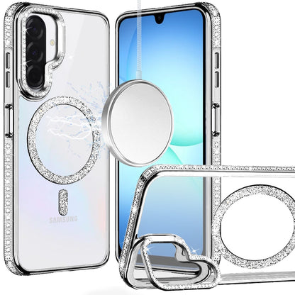 Phone Case for Galaxy A17 5G Luxury Diamond Bling Edged Magnetic Glitter Shockproof Hybrid with Camera Kickstand Durable Grip Cover Silver