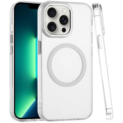For Apple iPhone 13 Pro Max Transparent Back Hybrid Case - Magnetic Circle, Color Frame, Metal Buttons, MagSafe Compatible Case Cover