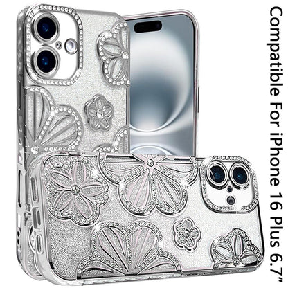 Phone Case for Apple iPhone 16 Plus Shimmer Glitter Floral Thick TPU Shockproof Durable Grip Camera Protection Anti-Scratch Stylish Design Cover