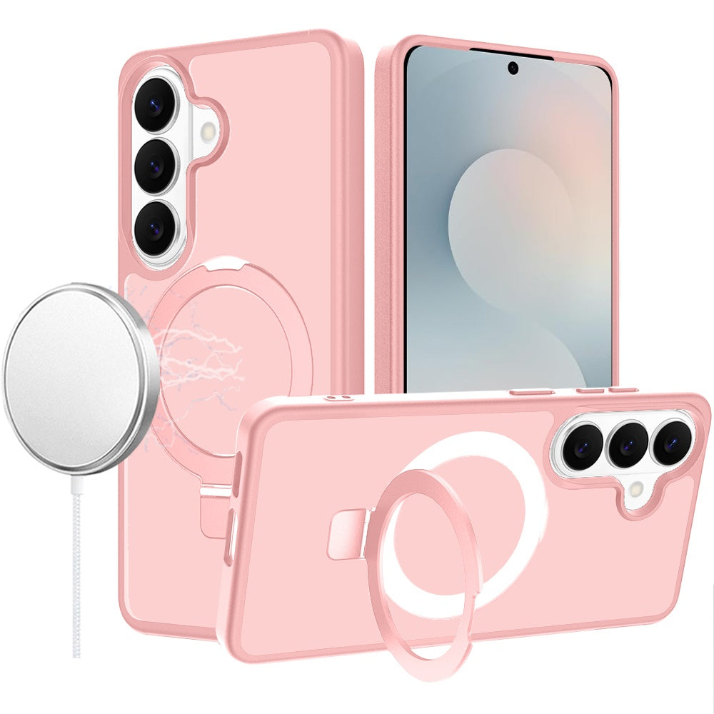 Phone Case for Samsung Galaxy S26 Magnetic Ring Stand Full Rotation Matte Shockproof Grip Anti Slip Durable Camera Protection Hybrid Cover Light Pink